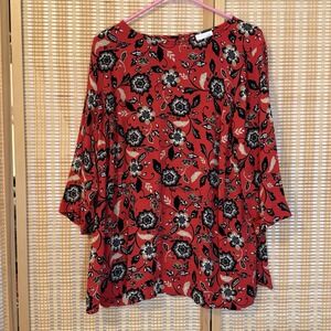 J Jill Womens 2X Red Black Floral 3/4 Sleeve Top Keyhole Viscose Boho Grannycore